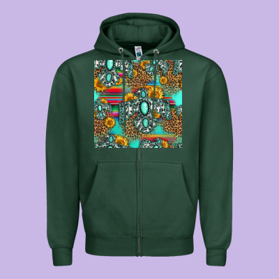 Western Turquoise Thunderbird Seamless Pattern Zipper Hoodie Designed By Hra Design Shop