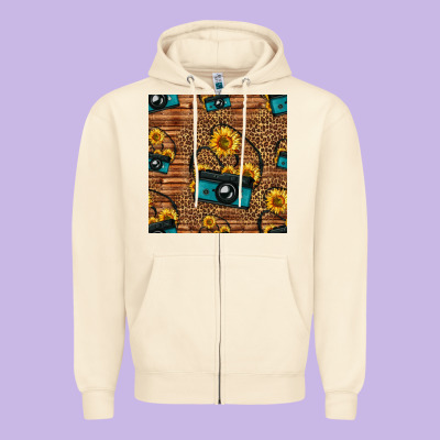 Western Sunflowers Camera Seamless Pattern Zipper Hoodie Designed By Hra Design Shop