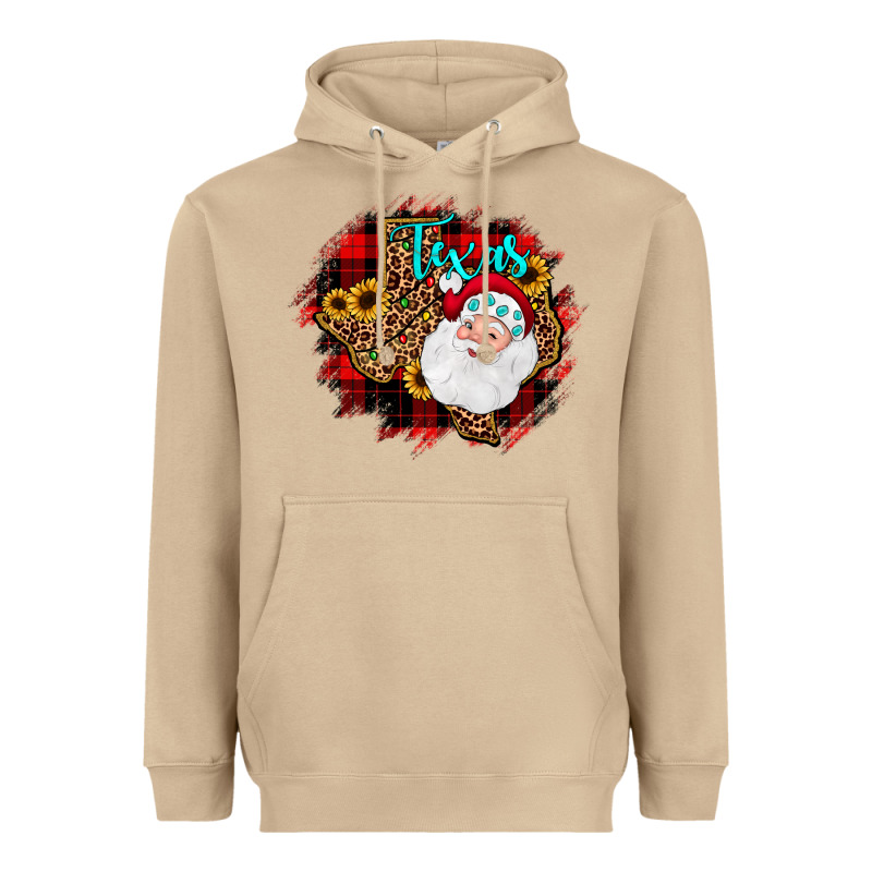 Texas Santa Wood Slice Ornament Heavyweight Hoodie by JahusDesignShop | Teevron