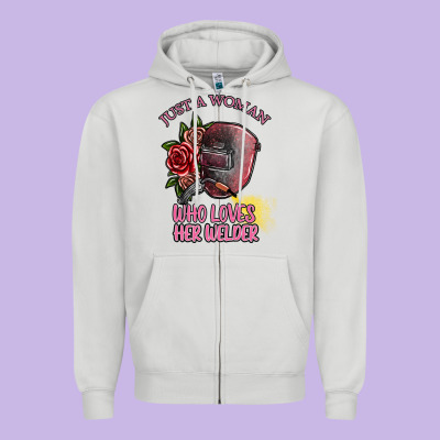 Just A Woman Who Loves Her Welder Zipper Hoodie Designed By Sublimationcraftshop