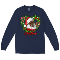 Merry Christmas African American Santa With Wreath Long Sleeve Tee | Teevron