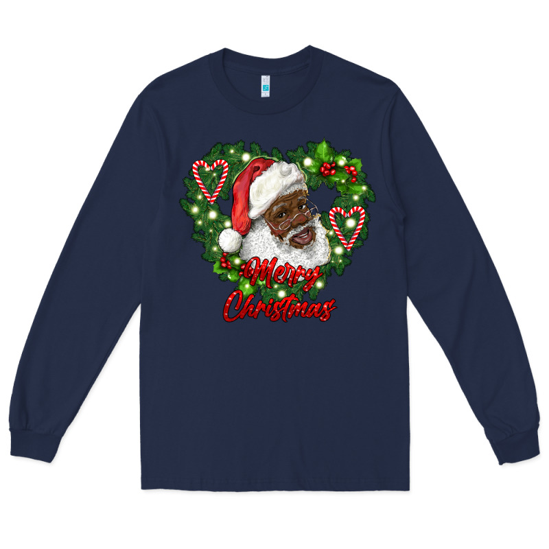 Merry Christmas African American Santa With Wreath Long Sleeve Tee by RanaPortraitStore | Teevron