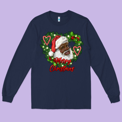 Merry Christmas African American Santa With Wreath Long Sleeve Tee Designed By Ranaportraitstore
