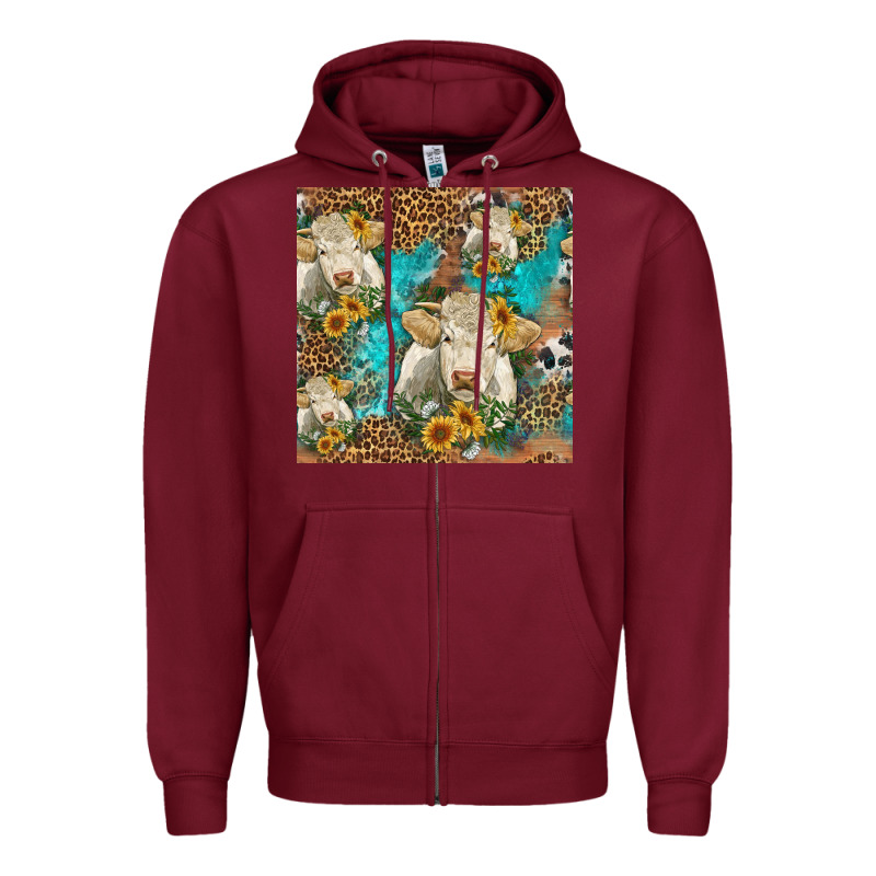 Sunflowers Charolais Cow Seamless Pattern Zipper Hoodie by HRA Design Shop | Teevron