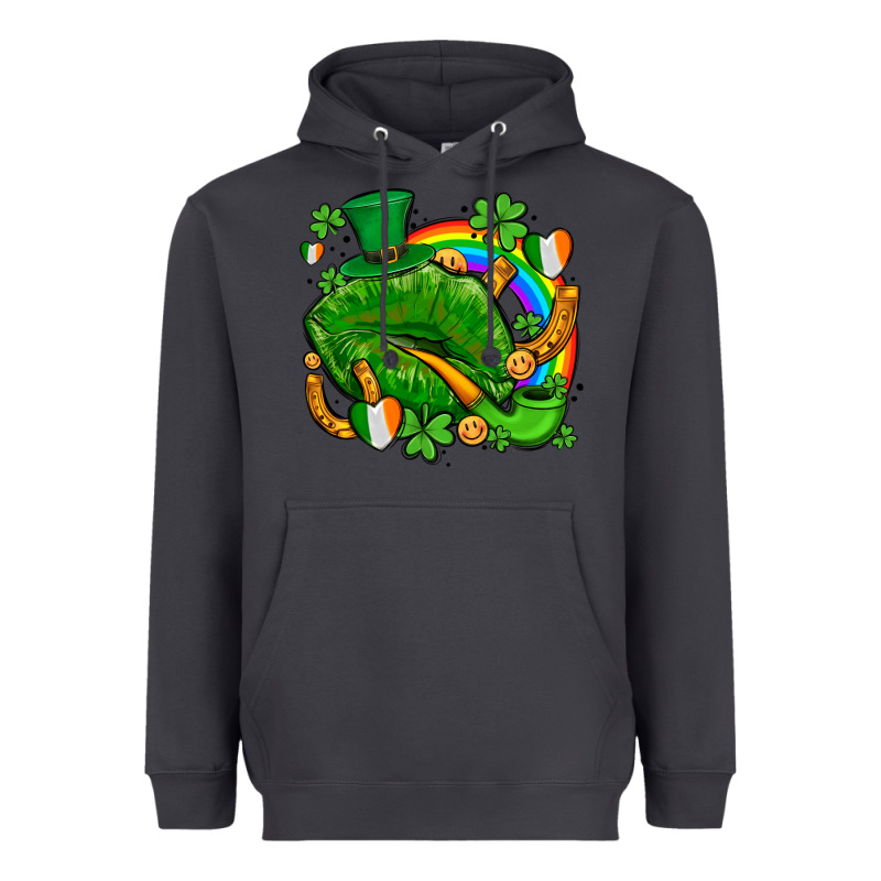 St Patricks Lips With Horseshoe Rainbow And Shamrocks Heavyweight Hoodie by AdoDesignShop | Teevron