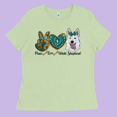 Peace Love White Sepherd Ladies Tee Designed By Barkaloodesign