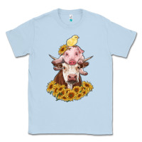 Dusty Blue cow with pig and chick Classic Tee - RanaPortraitStore