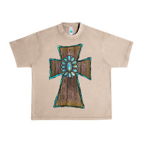 French Oak Wood Turquoise Gemstone Cross Urban Heavy Tee - RanaPortraitStore