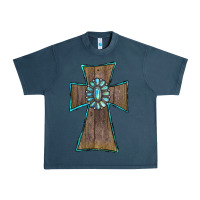 Midnight Navy Wood Turquoise Gemstone Cross Urban Heavy Tee - RanaPortraitStore