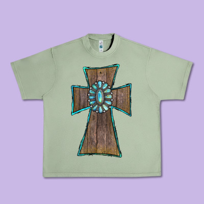 Wood Turquoise Gemstone Cross Urban Heavy Tee Designed By Ranaportraitstore