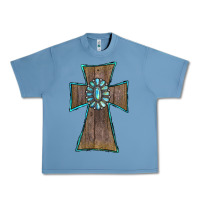 Pebble Blue Wood Turquoise Gemstone Cross Urban Heavy Tee - RanaPortraitStore