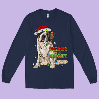 Merry And Bright Saint Bernard Long Sleeve Tee Designed By Ranaportraitstore