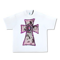 White Cowhide Pink Gemstone Cross Urban Heavy Tee - RanaPortraitStore