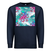 Navy ocean waves octopus seamless pattern Premium Sweatshirt - BundleAndBundleShop