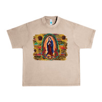 French Oak Sunflower Lady Of Guadalupe Distressed Background Urban Heavy Tee - RanaPortraitStore