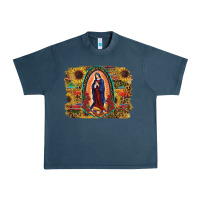 Midnight Navy Sunflower Lady Of Guadalupe Distressed Background Urban Heavy Tee - RanaPortraitStore