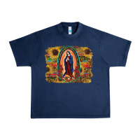 Navy Sunflower Lady Of Guadalupe Distressed Background Urban Heavy Tee - RanaPortraitStore