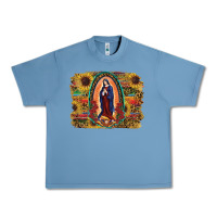 Pebble Blue Sunflower Lady Of Guadalupe Distressed Background Urban Heavy Tee - RanaPortraitStore