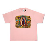 Salmon Sunflower Lady Of Guadalupe Distressed Background Urban Heavy Tee - RanaPortraitStore
