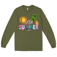 Army Green hello summer with sun Long Sleeve Tee - texasbilliewilder