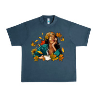 Midnight Navy Fall afro woman with coffee Urban Heavy Tee - RanaPortraitStore