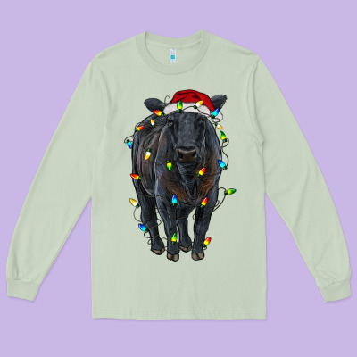 Christmas Black Angus Cattle With Lights Long Sleeve Tee Designed By Ranaportraitstore