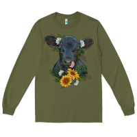 Army Green baby cow black angus calf with flowers Long Sleeve Tee - RanaPortraitStore