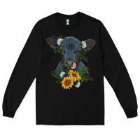 Black baby cow black angus calf with flowers Long Sleeve Tee - RanaPortraitStore