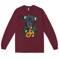 Burgundy baby cow black angus calf with flowers Long Sleeve Tee - RanaPortraitStore