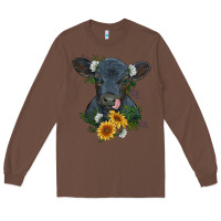 Chestnut baby cow black angus calf with flowers Long Sleeve Tee - RanaPortraitStore