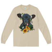 Mushroom baby cow black angus calf with flowers Long Sleeve Tee - RanaPortraitStore