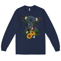 Navy baby cow black angus calf with flowers Long Sleeve Tee - RanaPortraitStore