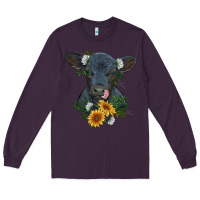 Plum baby cow black angus calf with flowers Long Sleeve Tee - RanaPortraitStore