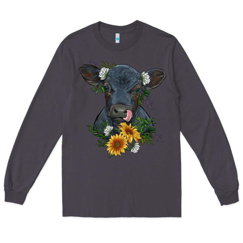 Baby Cow Black Angus Calf With Flowers Long Sleeve Tee by RanaPortraitStore | Teevron