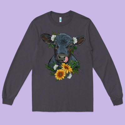 Baby Cow Black Angus Calf With Flowers Long Sleeve Tee Designed By Ranaportraitstore