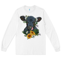 White baby cow black angus calf with flowers Long Sleeve Tee - RanaPortraitStore