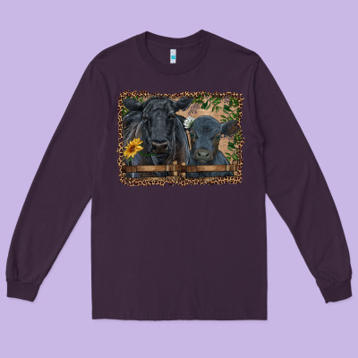 Western Black Angus Cattle And Calf With Leopard Long Sleeve Tee Designed By Ranaportraitstore