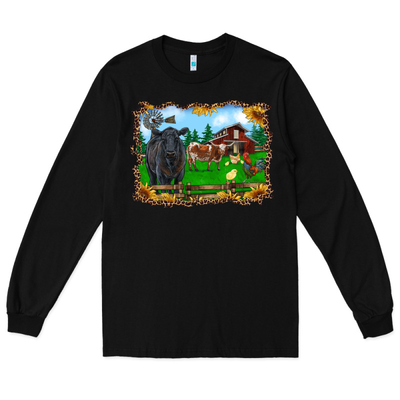 Western Barnyard Black Angus Cattle Longhorn Rooster And Chicks Long Sleeve Tee by RanaPortraitStore | Teevron