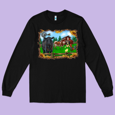Western Barnyard Black Angus Cattle Longhorn Rooster And Chicks Long Sleeve Tee Designed By Ranaportraitstore