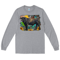 Heather Grey black angus bull with aztec and farm background Long Sleeve Tee - RanaPortraitStore