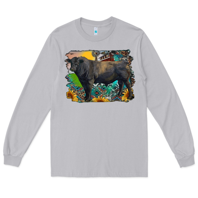 Black Angus Bull With Aztec And Farm Background Long Sleeve Tee by RanaPortraitStore | Teevron