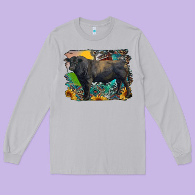 Black Angus Bull With Aztec And Farm Background Long Sleeve Tee Designed By Ranaportraitstore