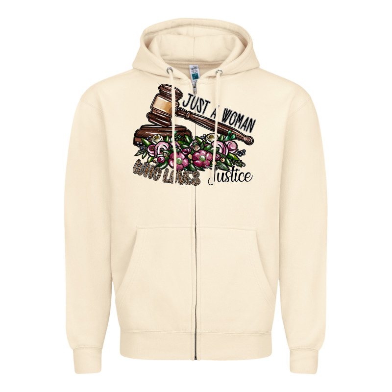 Just A Woman Who Loves Justice Zipper Hoodie by SublimationCraftShop | Teevron