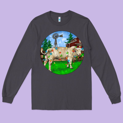 Christmas Charolais Bull And Barnyard Long Sleeve Tee Designed By Ranaportraitstore