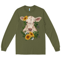 Army Green charolais calf with sunflowers Long Sleeve Tee - RanaPortraitStore