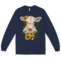 Navy charolais calf with sunflowers Long Sleeve Tee - RanaPortraitStore