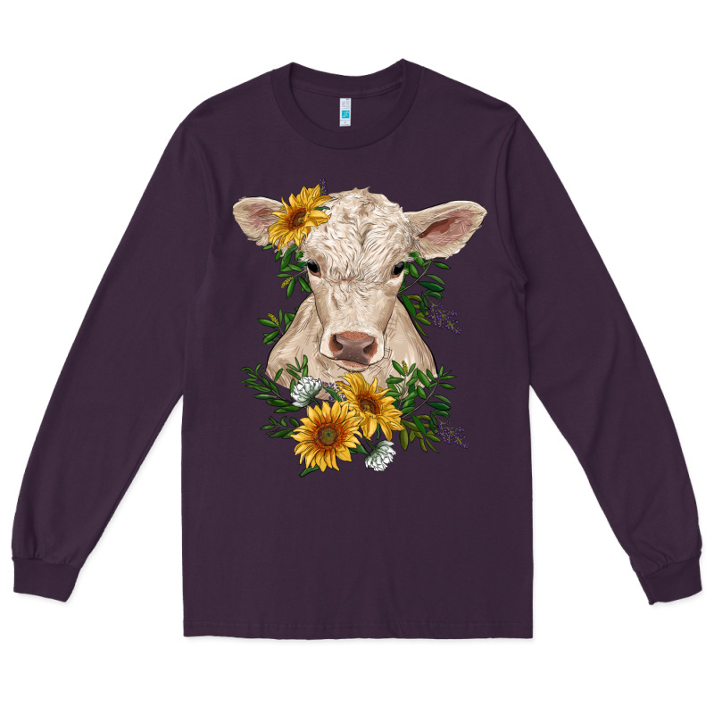 Charolais Calf With Sunflowers Long Sleeve Tee by RanaPortraitStore | Teevron