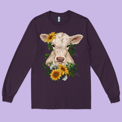 Charolais Calf With Sunflowers Long Sleeve Tee Designed By Ranaportraitstore