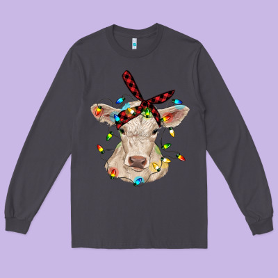 Charolais Calf With Christmas Lights Baby Cow Long Sleeve Tee Designed By Ranaportraitstore