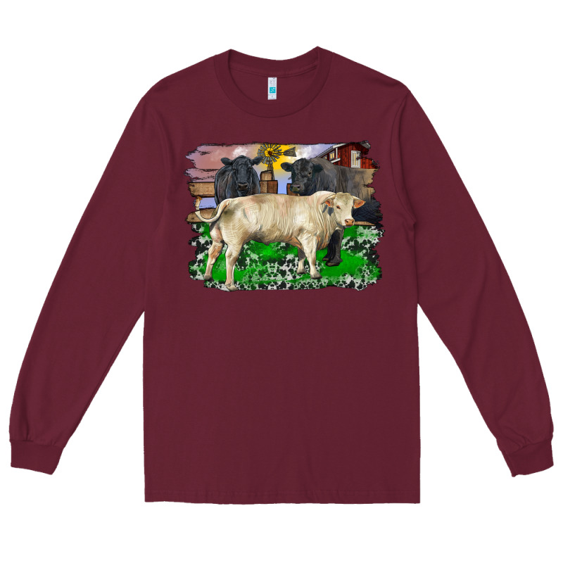 Charolais Bull Black Angus Cattle And Bull With Barnyard And Cowhide Long Sleeve Tee by RanaPortraitStore | Teevron